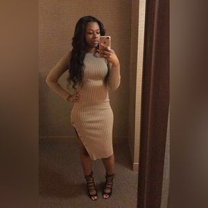Tan sweater midi dress with slit